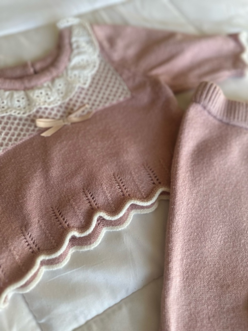 Pink Knit Baby Set with Lace Collar
